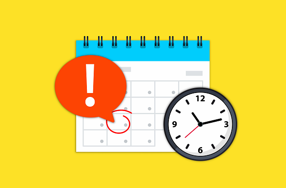 A calendar and clock with a red circle 
Description automatically generated