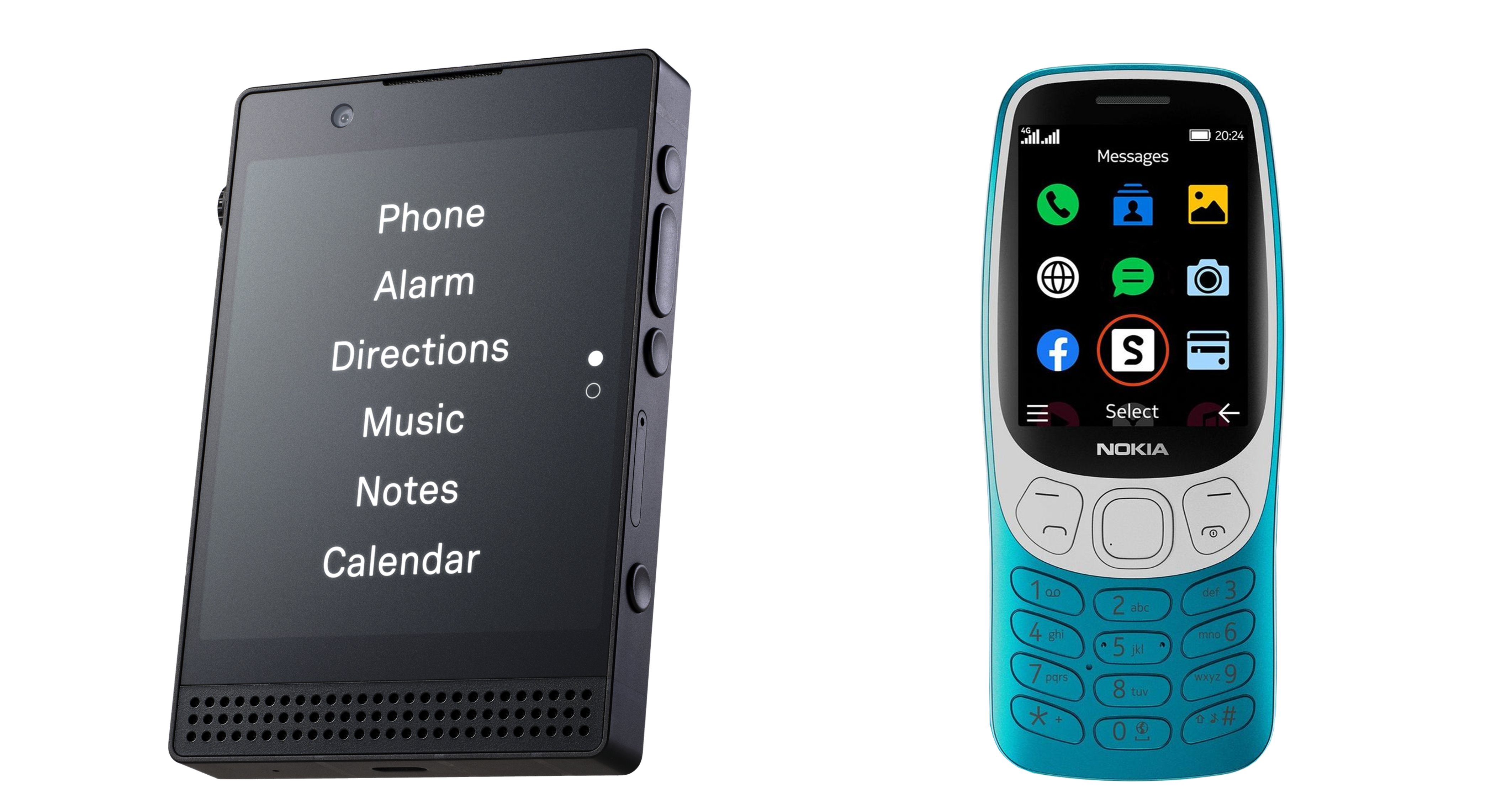 Two dumbphones. Left: the Light Phone III, a black tablet-shaped phone with buttons on the right side and a dial on the left side. The screen is black with a list of apps written in white. Right: the Nokia 3210, a blue and silver phone with a dialpad and a small screen of apps.