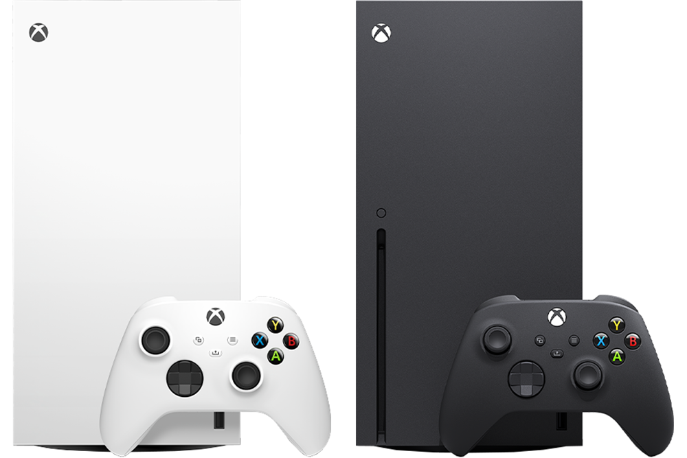Two Xbox Series X consoles. Left: the Digital Edition in white, without a disc drive. Left: the disc version in black, with a disc drive.