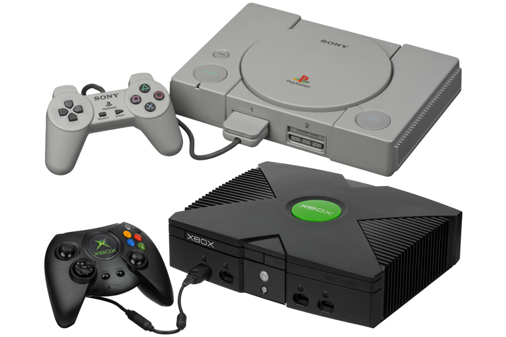 Top: the original PlayStation, a grey console from the 1990s with a grey controller. Bottom: the original Xbox, a black console from the 2000s with a black controller.