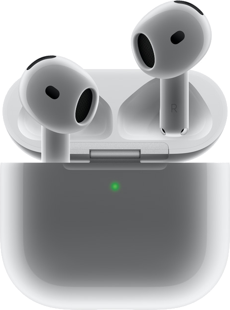 A white wireless earbuds in a charging case 
Description automatically generated