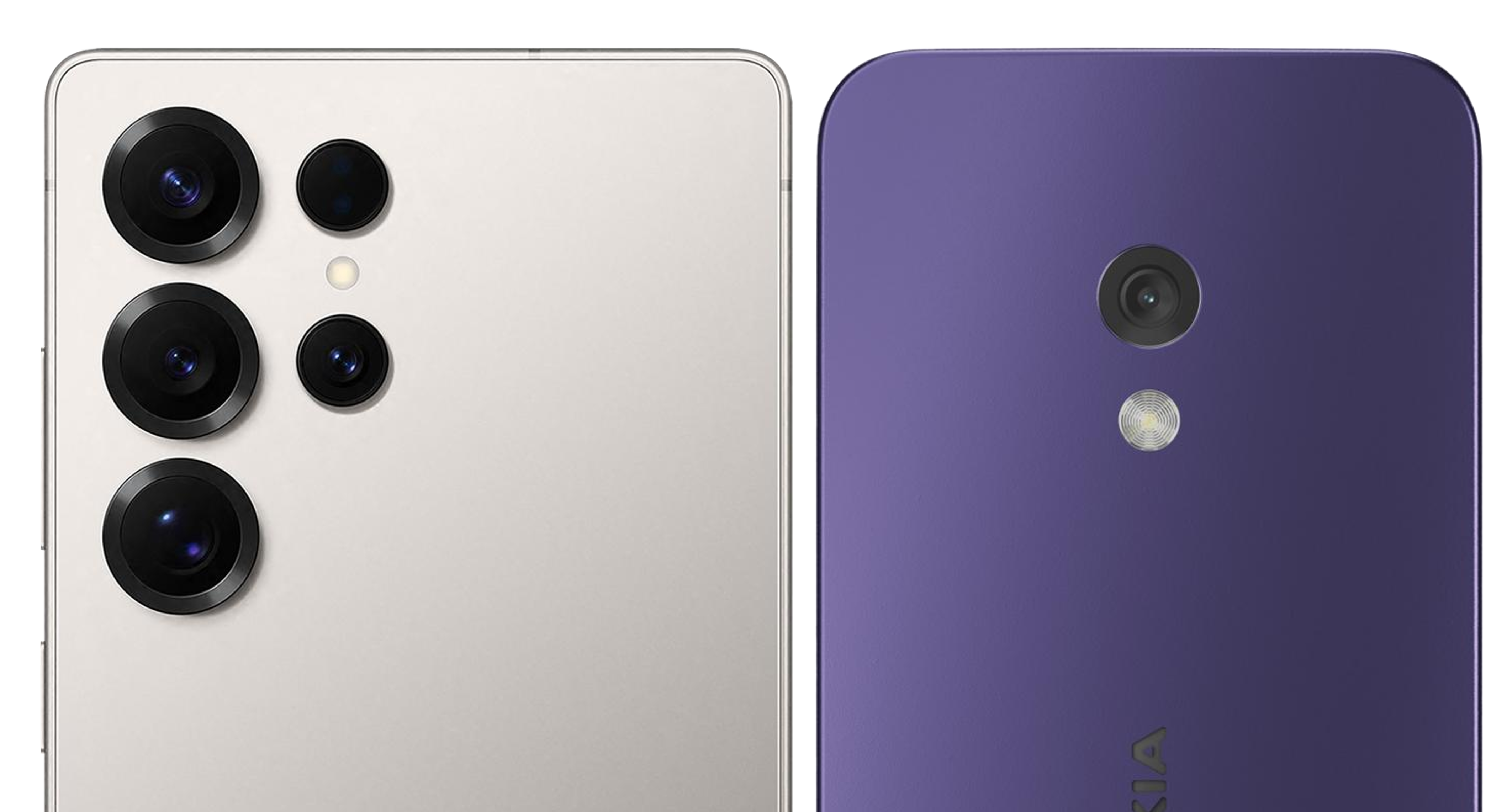 The rear cameras on two phones. Left: the Samsung Galaxy S25 Ultra with 4 cameras. Right: the Nokia 251 with 1 camera.