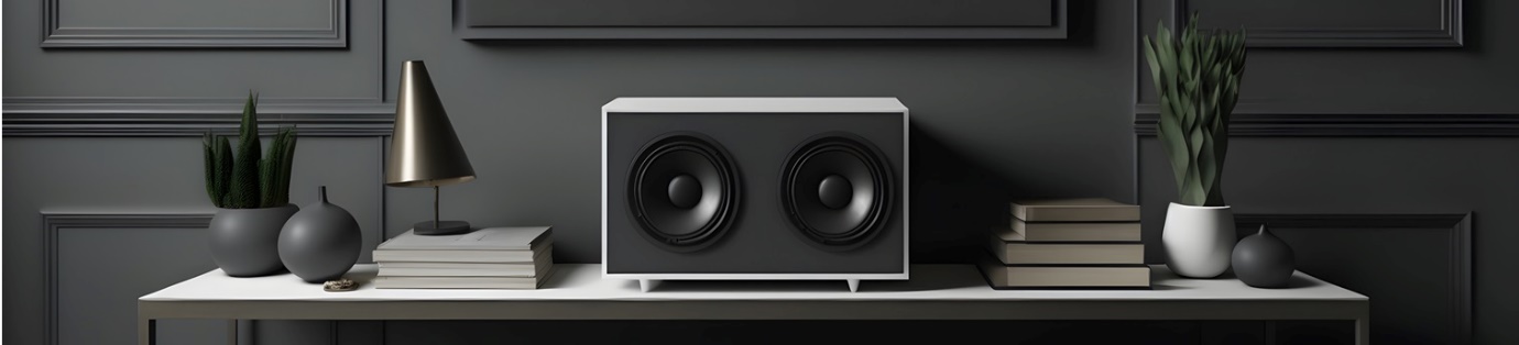 A black speaker on a shelf

Description automatically generated