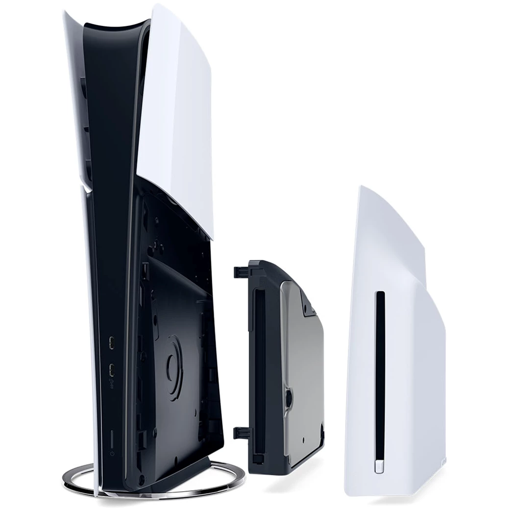 A disc drive being plugged into a PS5 Slim Digital Edition. The console's right-hand panel has been removed, and the disc drive and its white cover have been separated out to show how they connect.