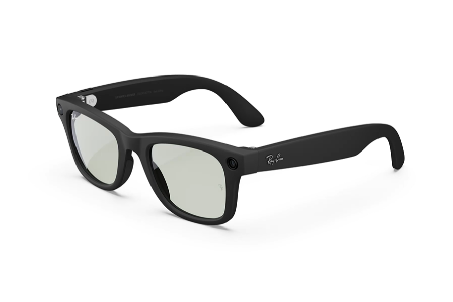 Black Ray-Ban smart glasses with built-in cameras on the frame, blending classic sunglasses design with modern technology.